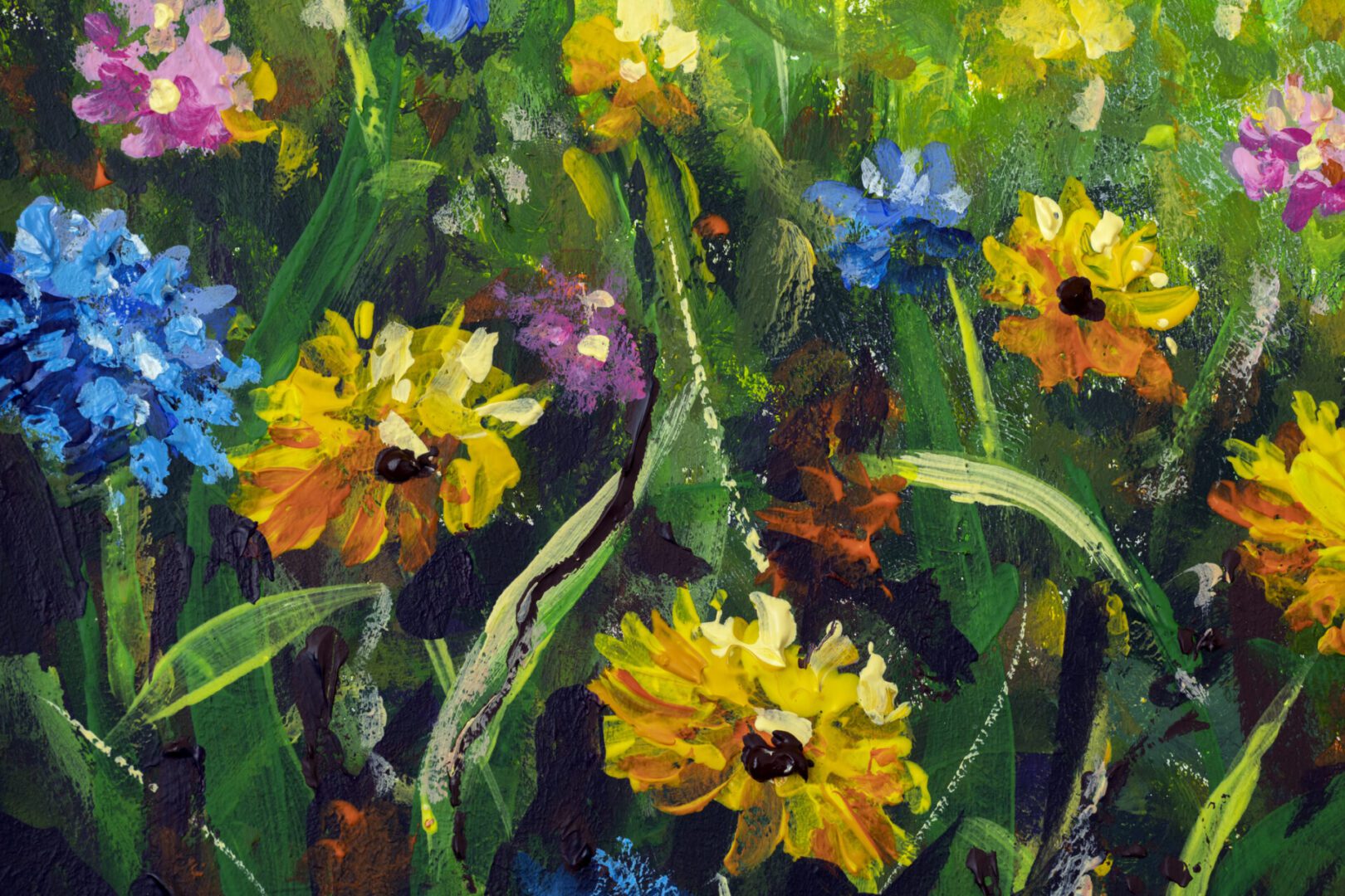 Vibrant wildflowers in a colorful garden painting.
