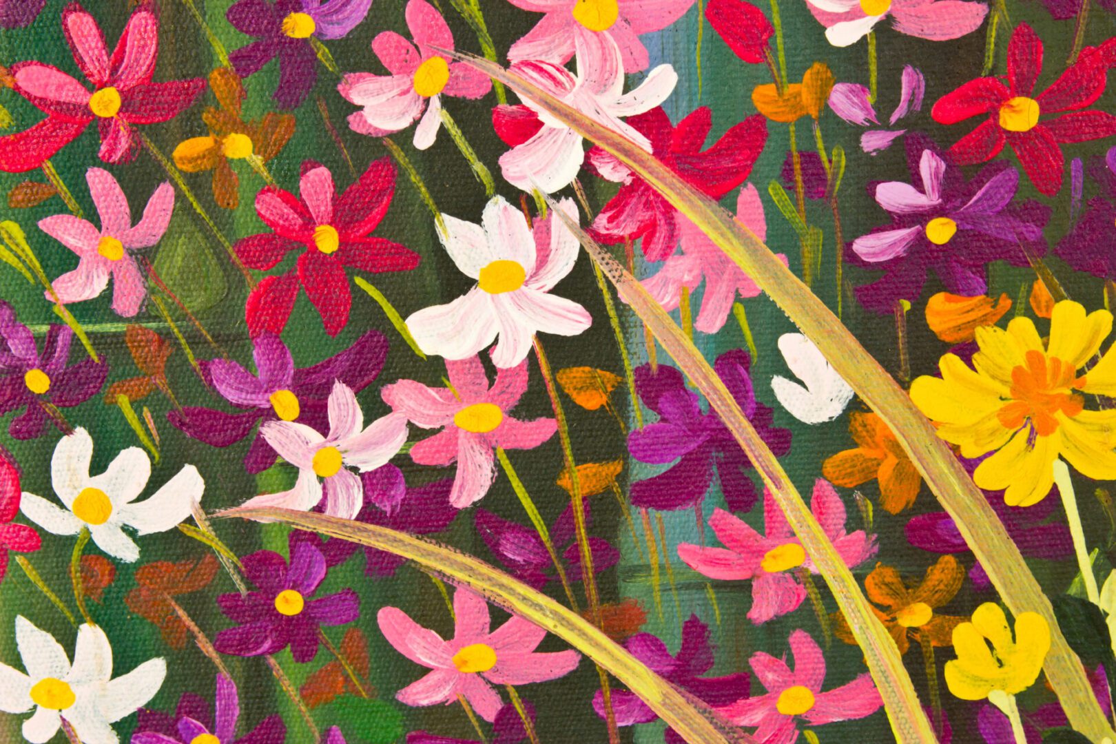Colorful painting of various flowers with vibrant pink, white, and orange petals.