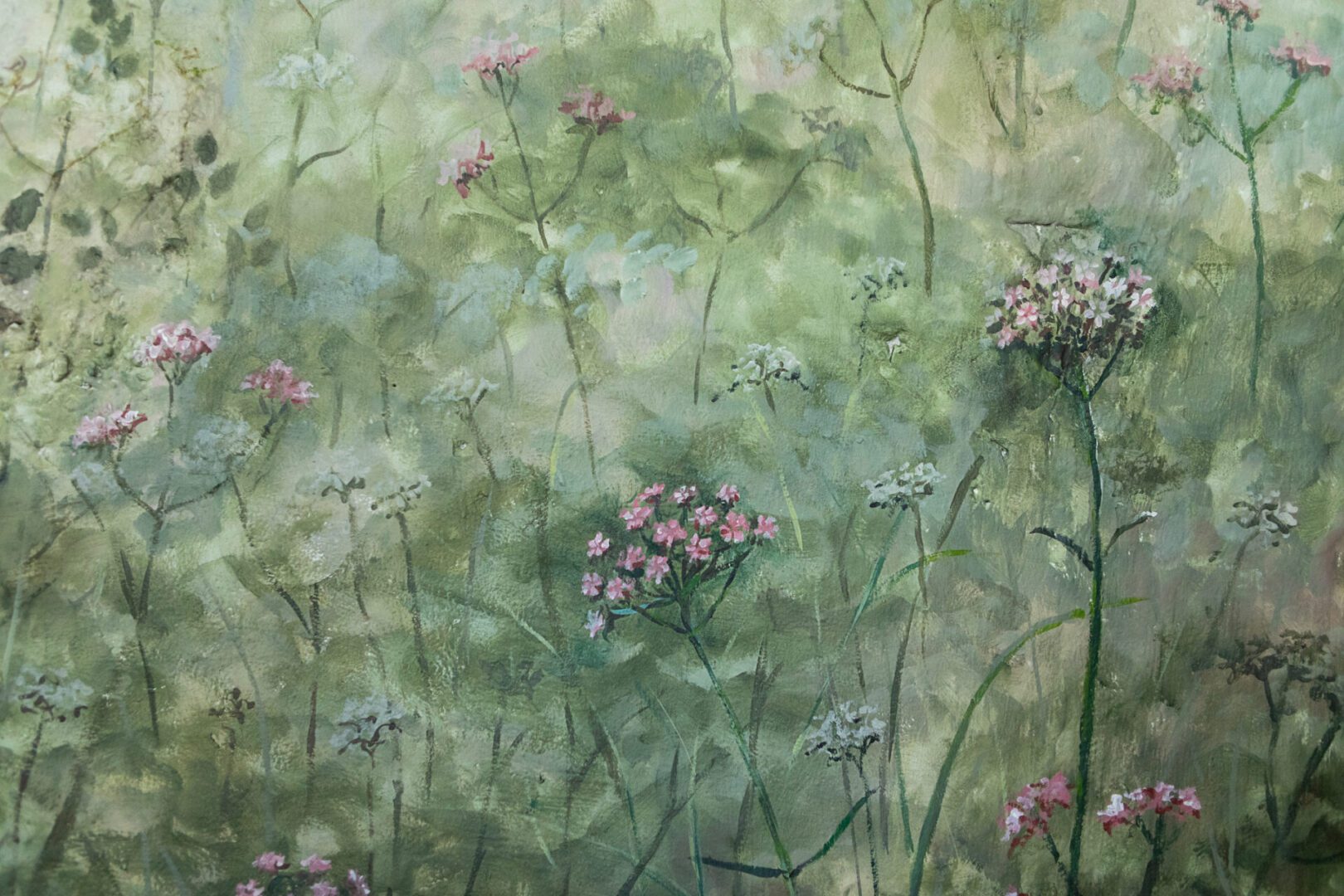 Soft floral painting with delicate pink flowers and green foliage.