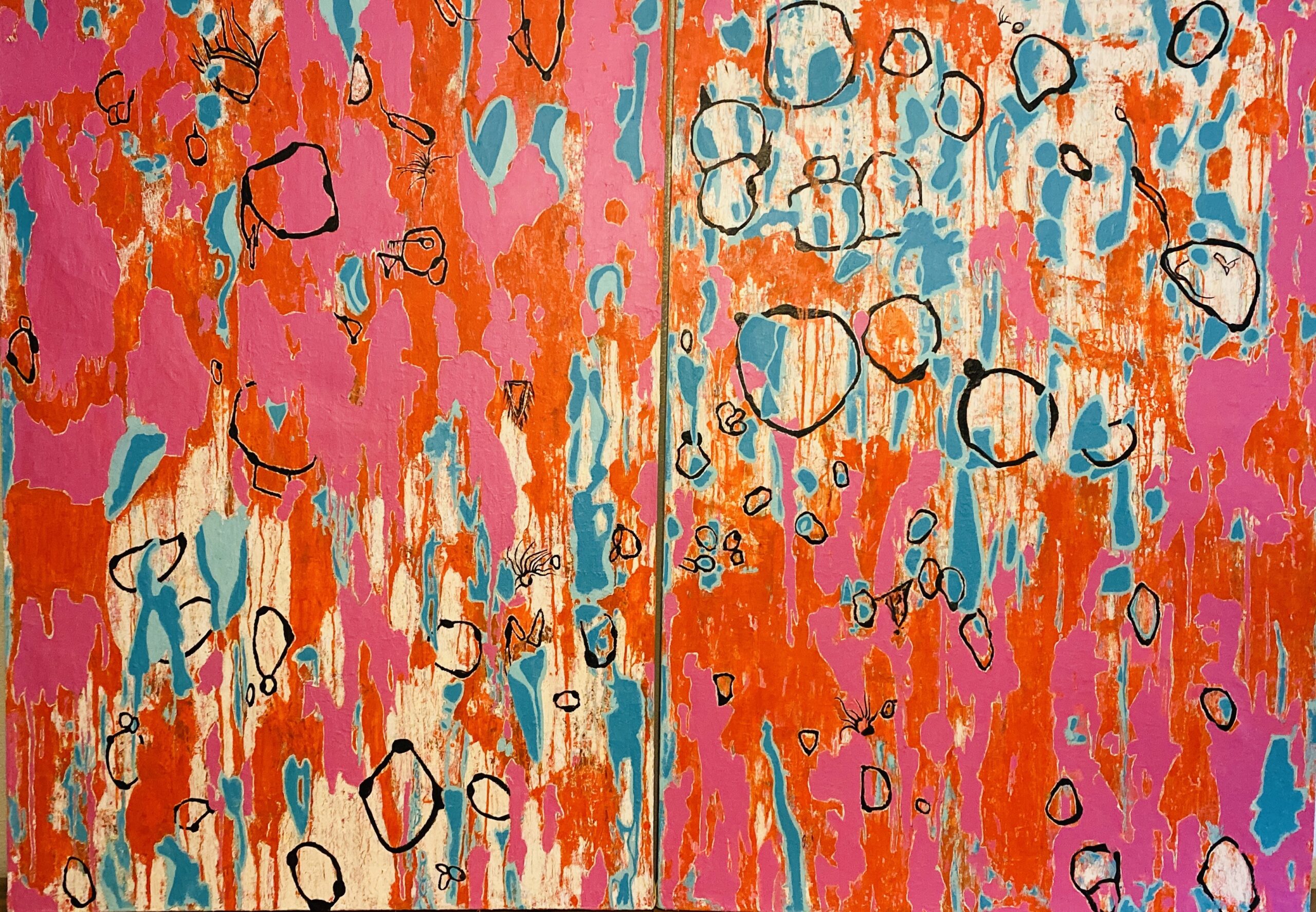 Abstract painting with vibrant orange, pink, and blue colors and looping shapes.