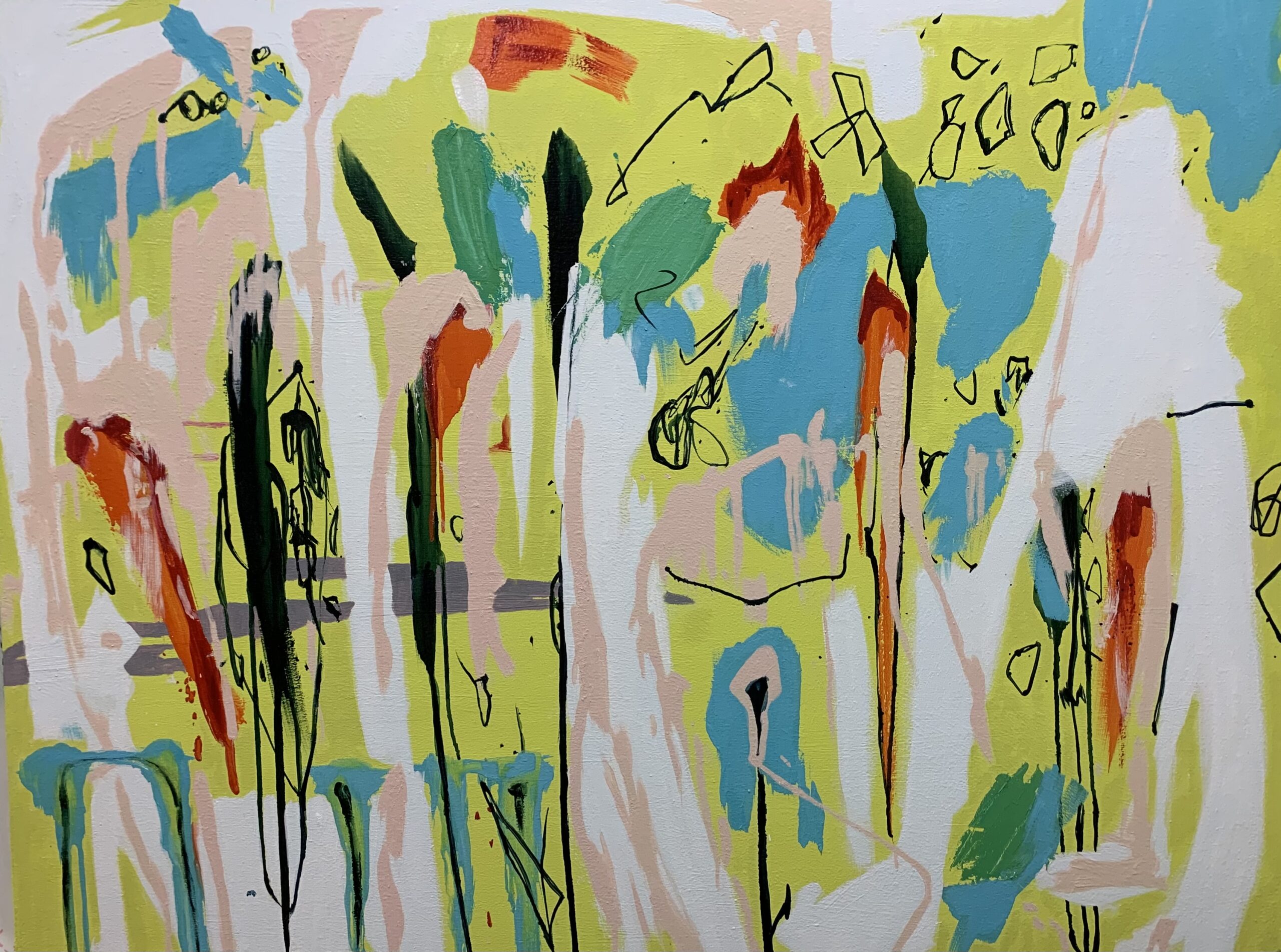 Colorful abstract painting with vibrant brushstrokes and dynamic lines.