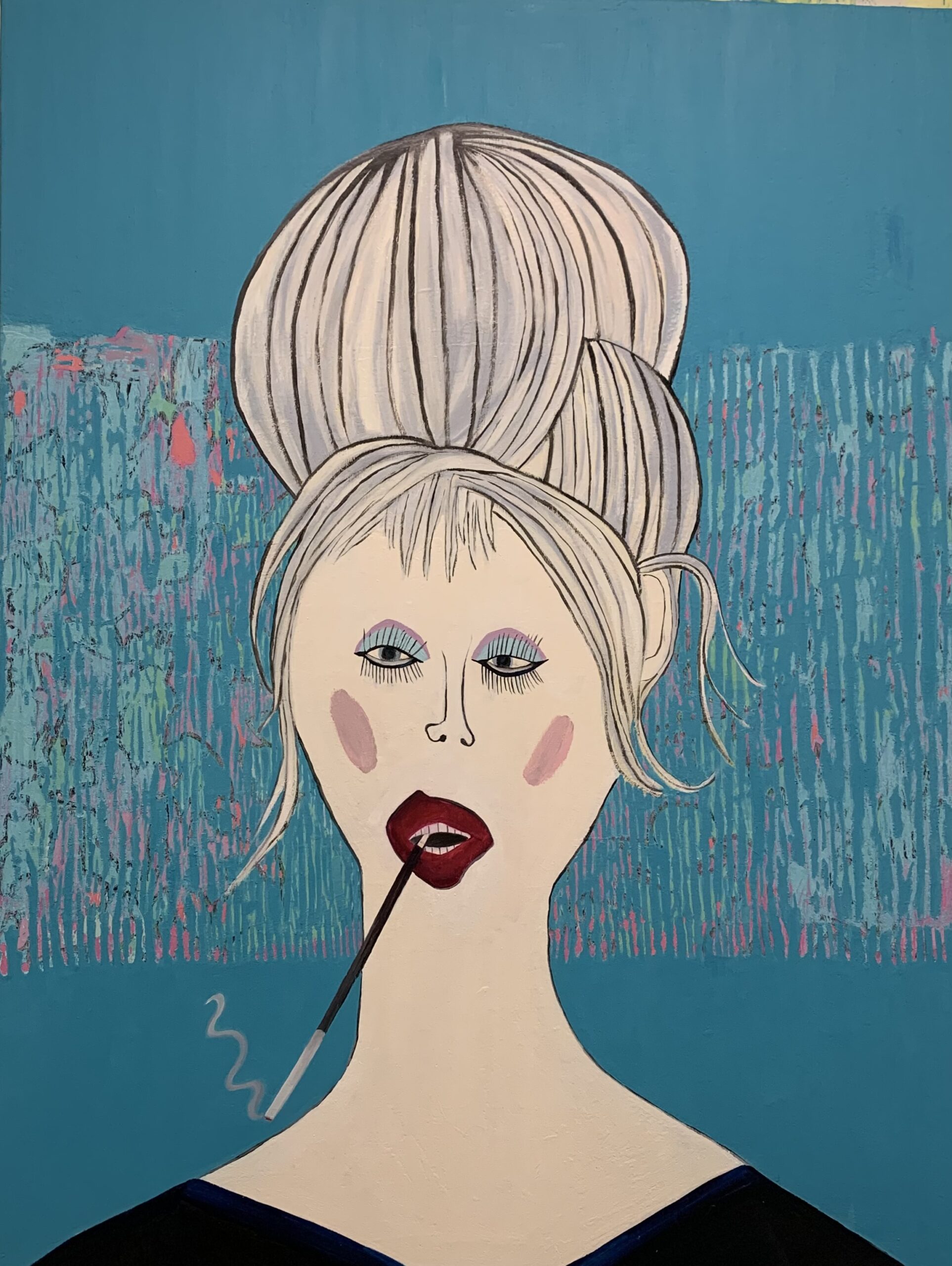 Abstract portrait of a woman with a large bun and bold red lips.